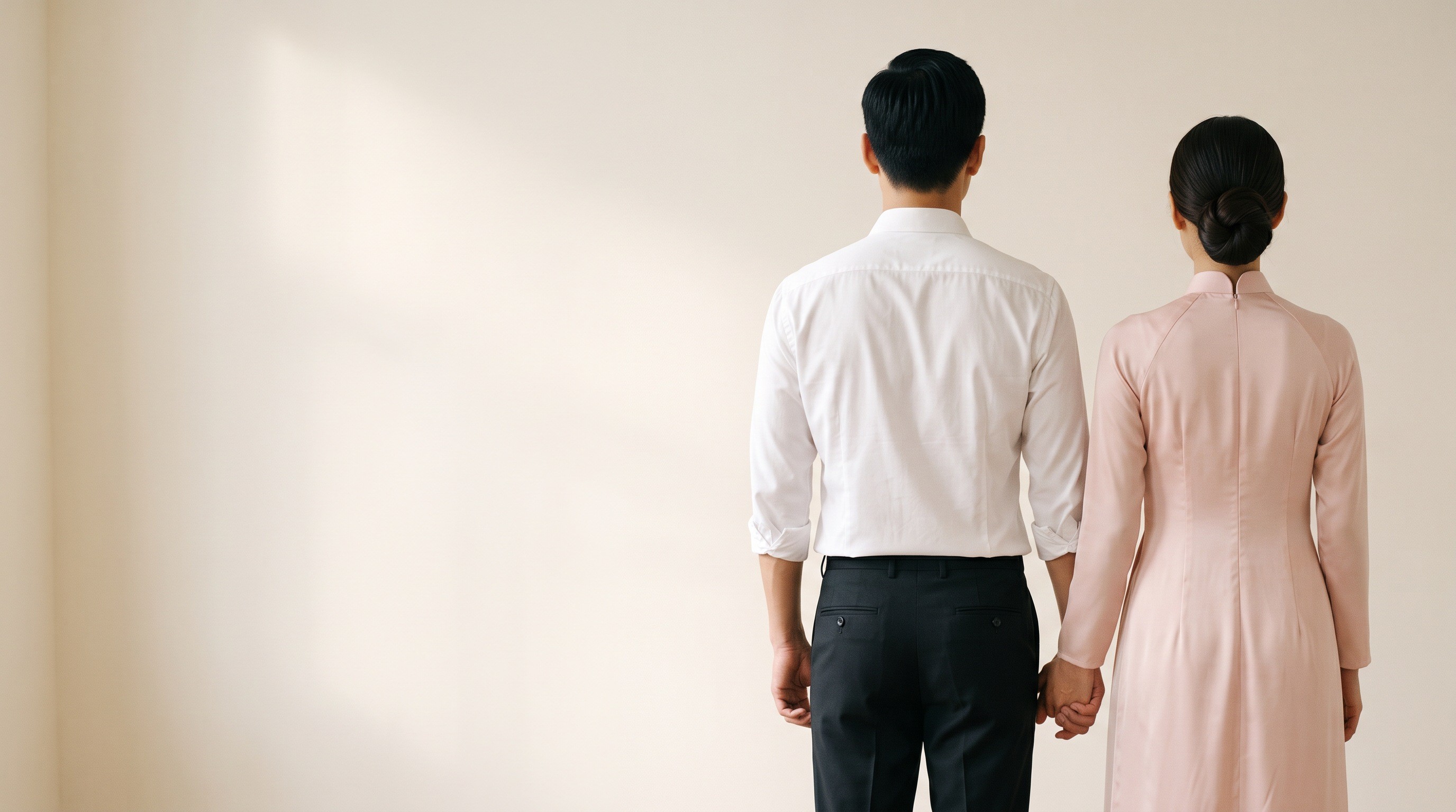 와이셔츠를 입은 남성과 아오자이를 입은 여성이 손을 잡고 서로에게 고개를 돌린 뒷모습